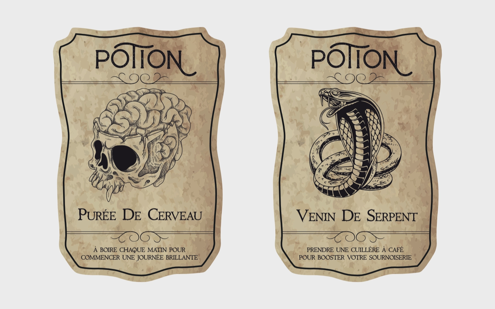 Détail des étiquettes de potions et packaging immersif